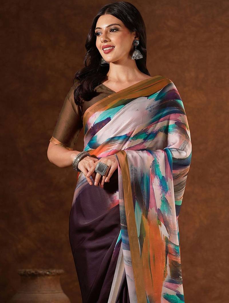 Brown abstract printed satin saree with unstiched blouse