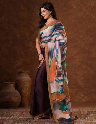 Brown abstract printed satin saree with unstiched blouse 2