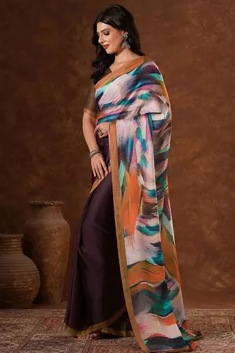 Brown abstract printed satin saree with unstiched blouse