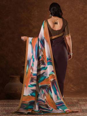Brown abstract printed satin saree with unstiched blouse 3