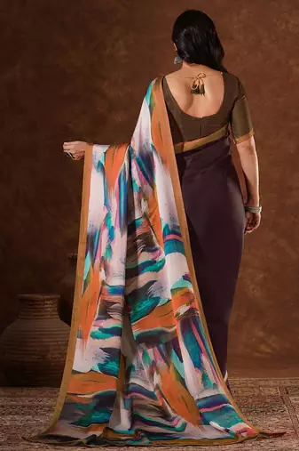Brown abstract printed satin saree with unstiched blouse