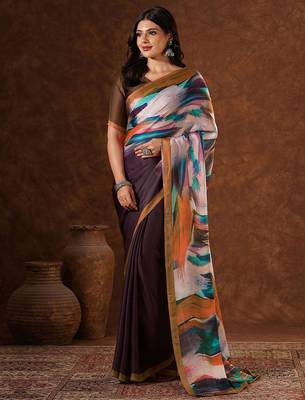 Brown abstract printed satin saree with unstiched blouse 4