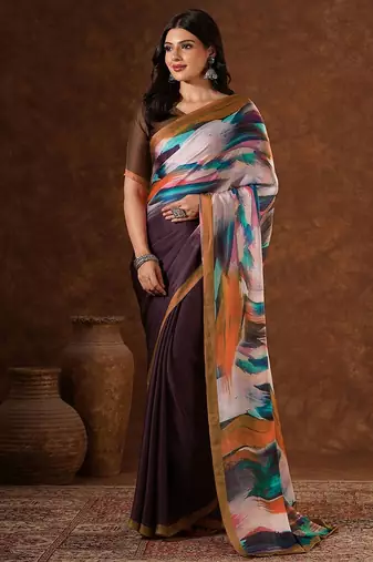 Brown abstract printed satin saree with unstiched blouse