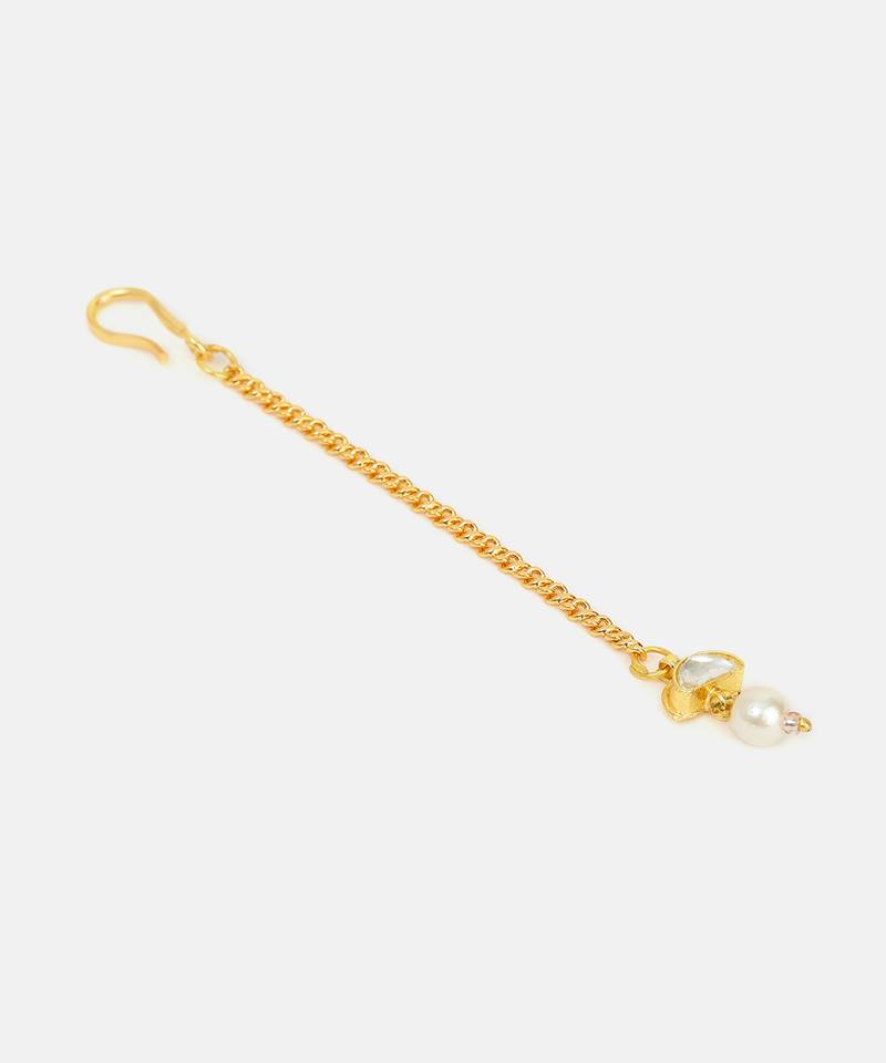 Gold plated kundan white beaded maang tikka with earrings