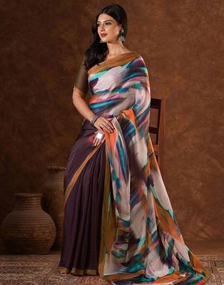 Brown abstract printed satin saree with unstiched blouse 5