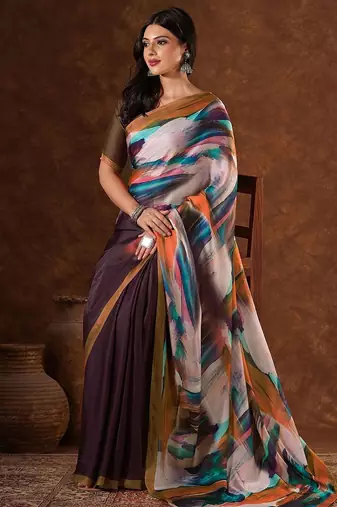 Brown abstract printed satin saree with unstiched blouse