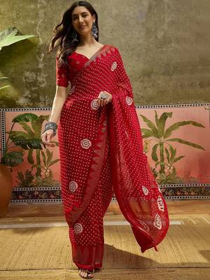 Red bandhani georgette foil sarees 1