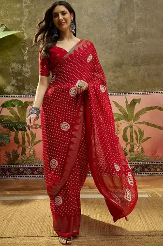 Red bandhani georgette foil sarees