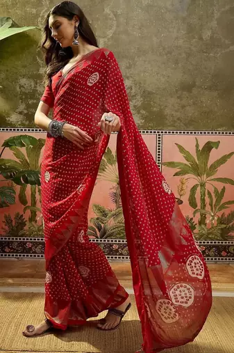 Red bandhani georgette foil sarees