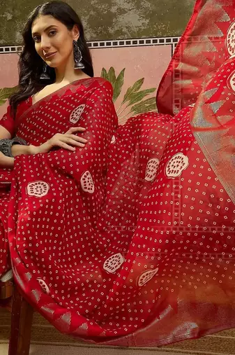 Red bandhani georgette foil sarees