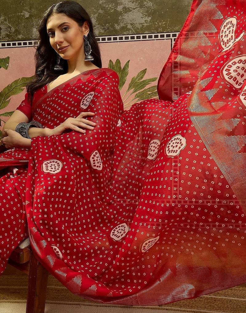 Red bandhani georgette foil sarees