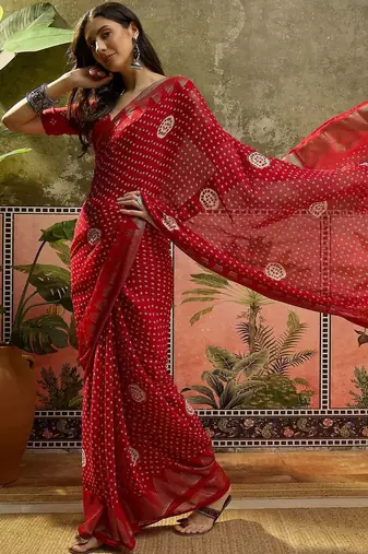 Red bandhani georgette foil sarees