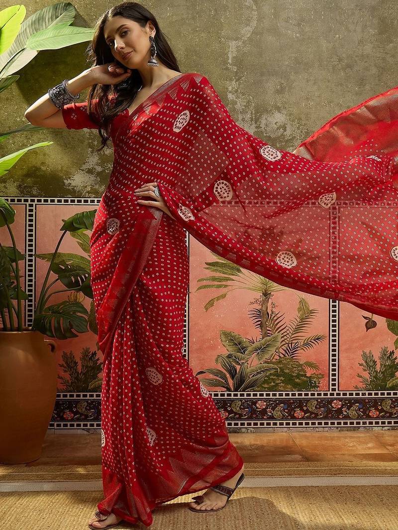 Red bandhani georgette foil sarees