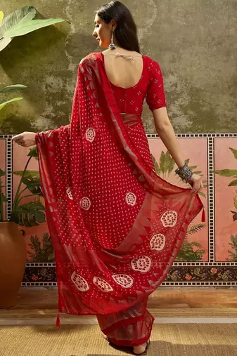 Red bandhani georgette foil sarees