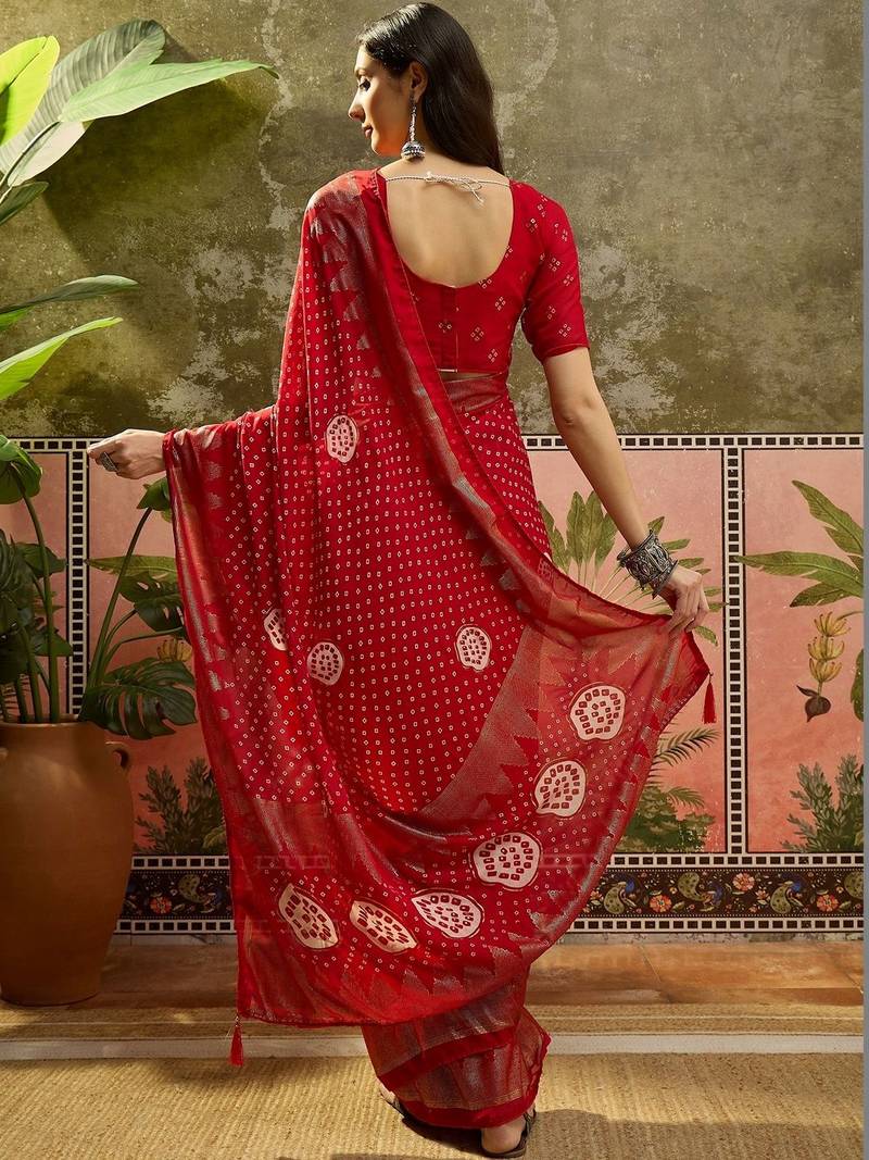 Red bandhani georgette foil sarees
