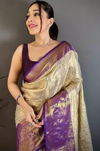 Cream woven design zari silk blend handloom kanjeevaram saree