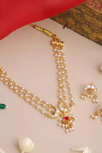Gold plated kundan pink stone beaded necklace-sets