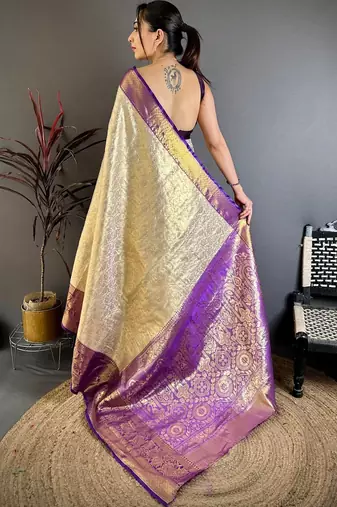 Cream woven design zari silk blend handloom kanjeevaram saree