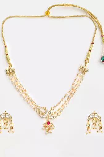 Gold plated kundan pink stone beaded necklace-sets