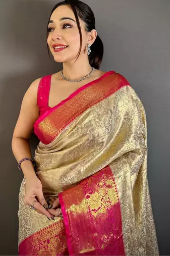 Cream woven design zari kanjeevaram saree with unstitched blouse piece