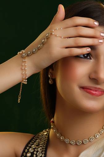 Gold plated kundan grey stones beaded necklace set with maang tikka and haathphool