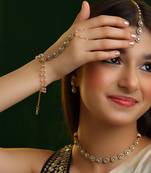 Gold plated kundan grey stones beaded necklace set with maang tikka and haathphool