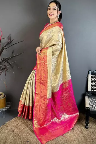 Cream woven design zari kanjeevaram saree with unstitched blouse piece