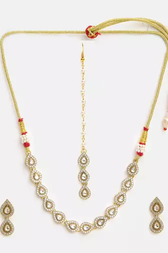 Gold plated kundan grey stones beaded necklace set with maang tikka and haathphool
