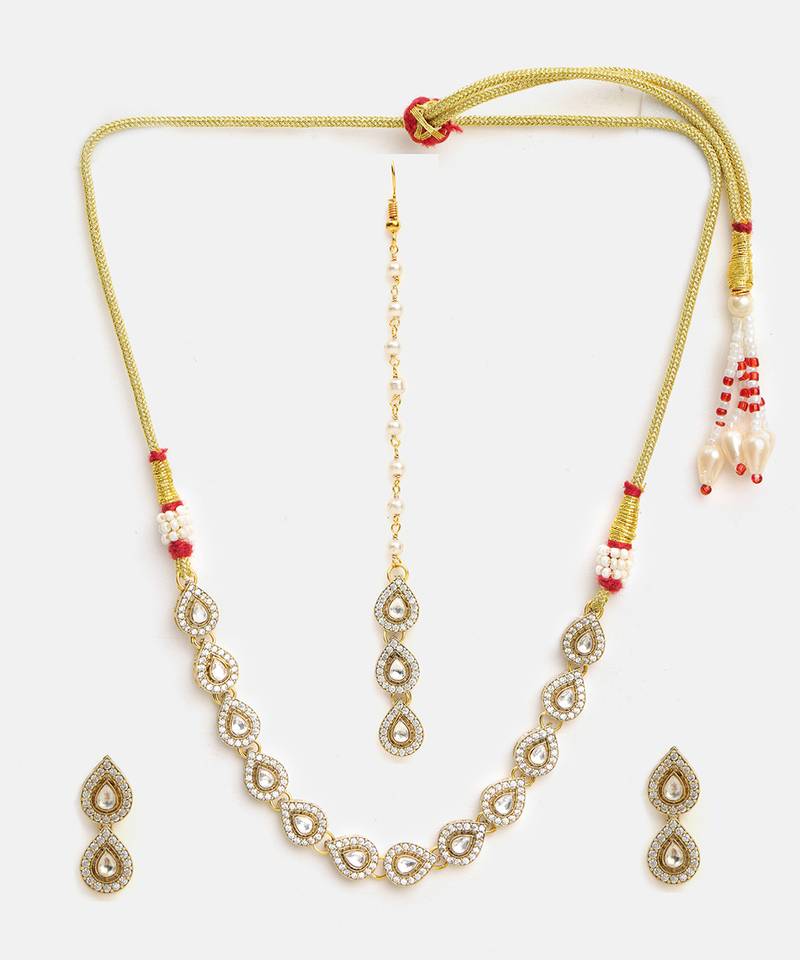 Gold plated kundan grey stones beaded necklace set with maang tikka and haathphool