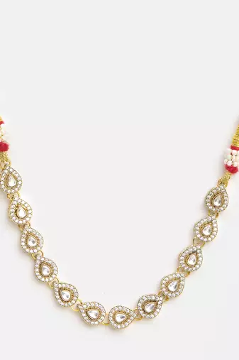 Gold plated kundan grey stones beaded necklace set with maang tikka and haathphool
