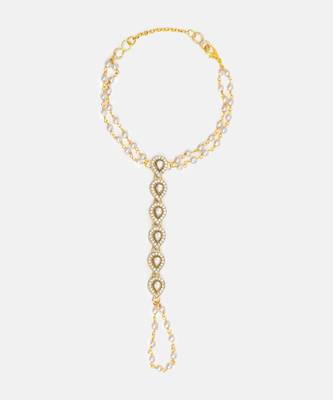 Gold plated kundan grey stones beaded necklace set with maang tikka and haathphool 5