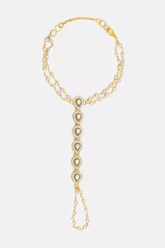 Gold plated kundan grey stones beaded necklace set with maang tikka and haathphool
