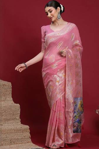 Pink ethnic motifs banarasi fastive saree