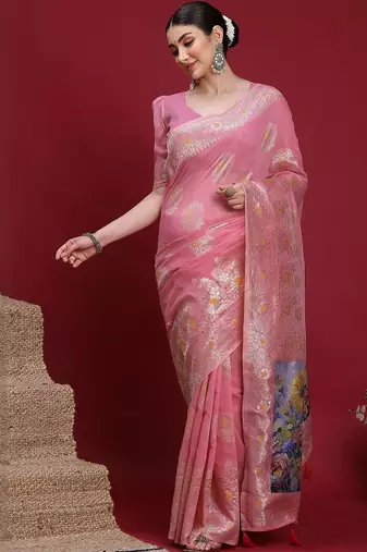 Pink ethnic motifs banarasi fastive saree