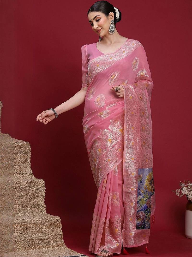Pink ethnic motifs banarasi fastive saree