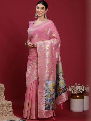 Pink ethnic motifs banarasi fastive saree 3