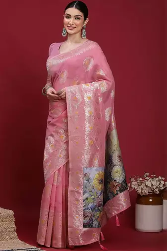 Pink ethnic motifs banarasi fastive saree