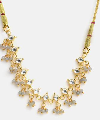 Gold plated kundan grey beaded necklace set with maang tikka and haathphool 3