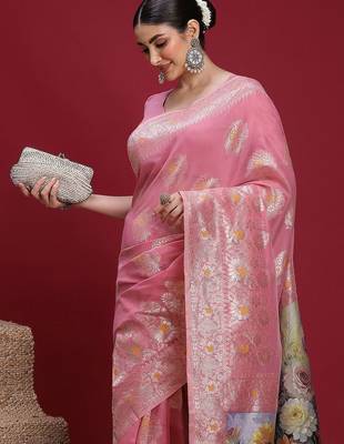 Pink ethnic motifs banarasi fastive saree 4