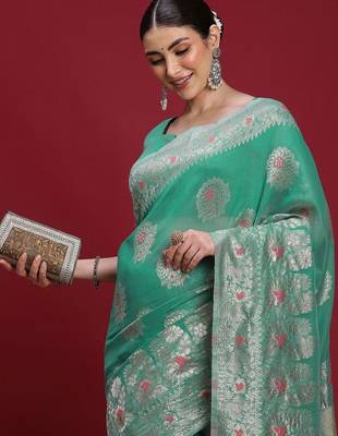 Teal ethnic motifs banarasi fastive saree 1