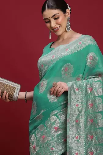 Teal ethnic motifs banarasi fastive saree