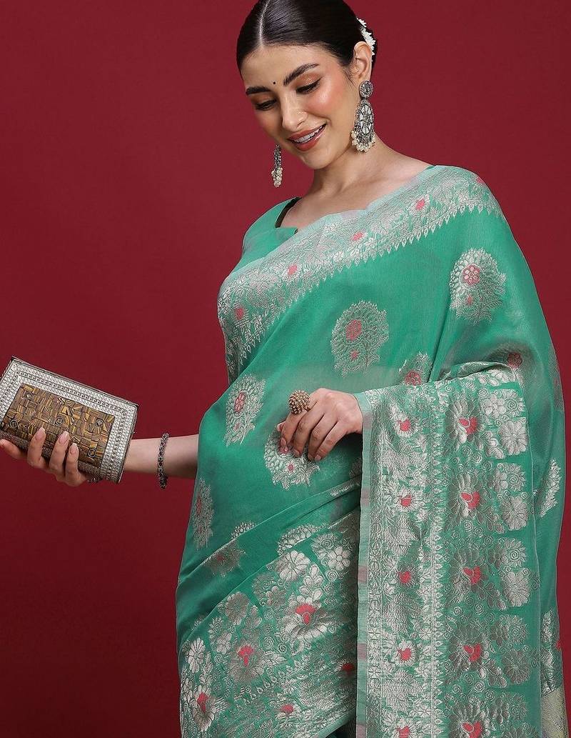 Teal ethnic motifs banarasi fastive saree