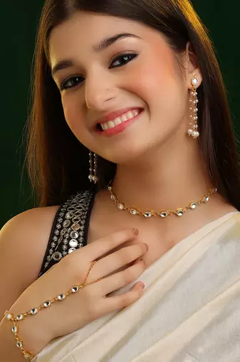 Gold plated kundan white beaded necklace set with haathphool
