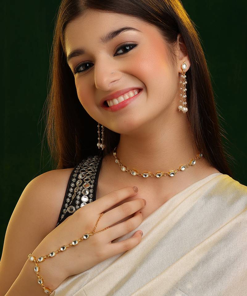 Gold plated kundan white beaded necklace set with haathphool