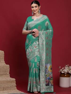 Teal ethnic motifs banarasi fastive saree 2