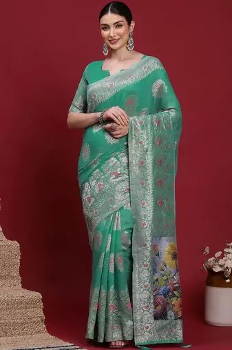 Teal ethnic motifs banarasi fastive saree
