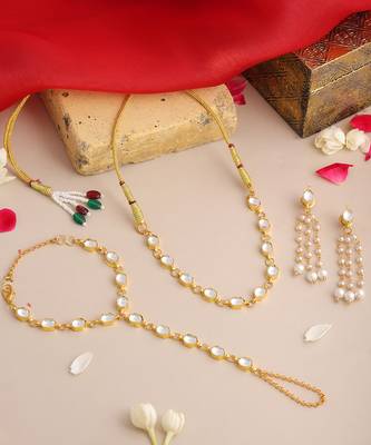 Gold plated kundan white beaded necklace set with haathphool 2
