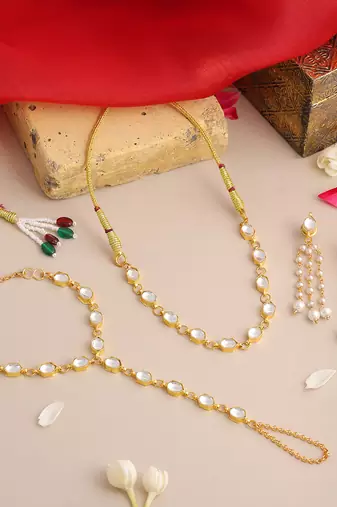 Gold plated kundan white beaded necklace set with haathphool