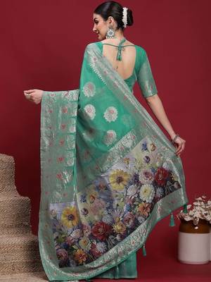 Teal ethnic motifs banarasi fastive saree 3