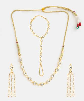 Gold plated kundan white beaded necklace set with haathphool 3